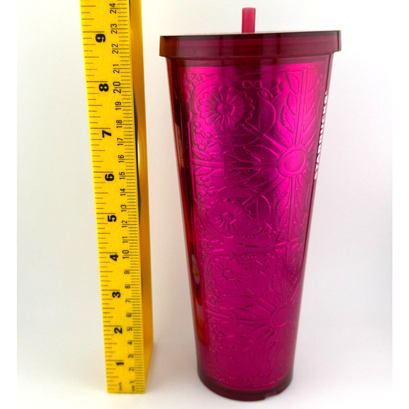 Starbucks 2017 Pink Magenta Floral Metallic Embossed Foil 24oz Tumbler #11070153 - Picture 7 of 9